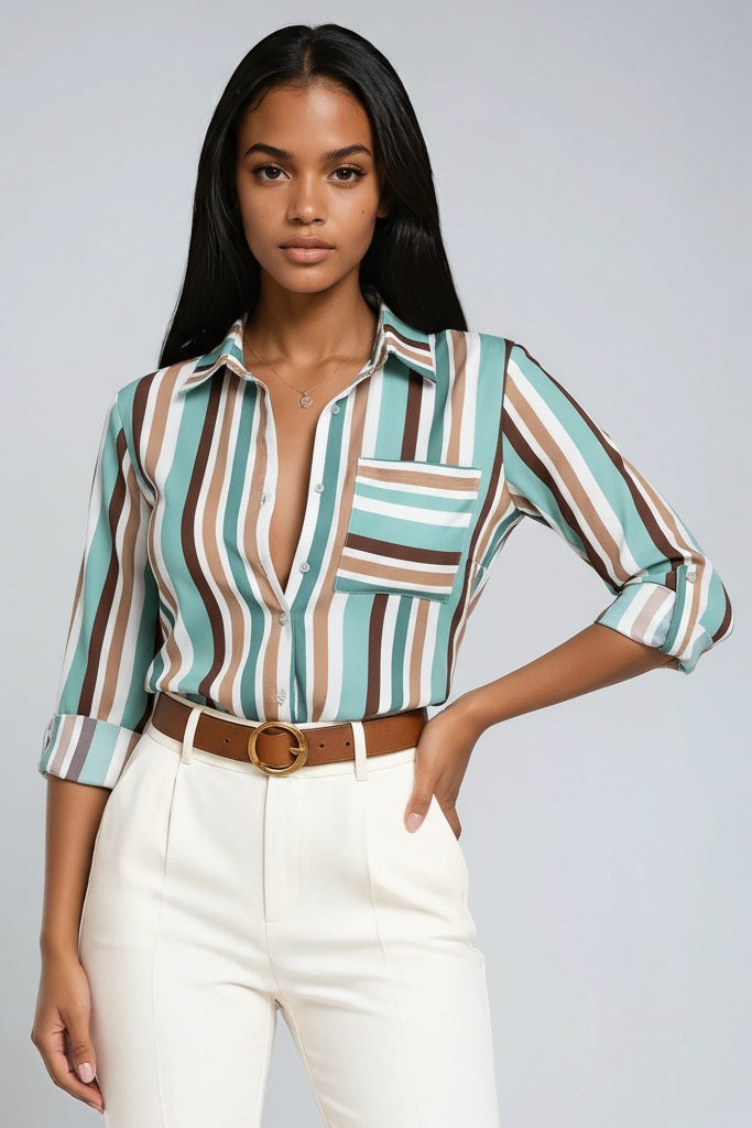 GRAFISK CHIC | BLÅ GEOMETRISK PRINT KNAPBLUSE