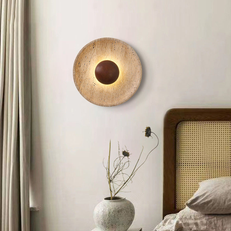 Modern Wabi Sabi Travertine Stone Round Wall Sconce LED 1-Light
