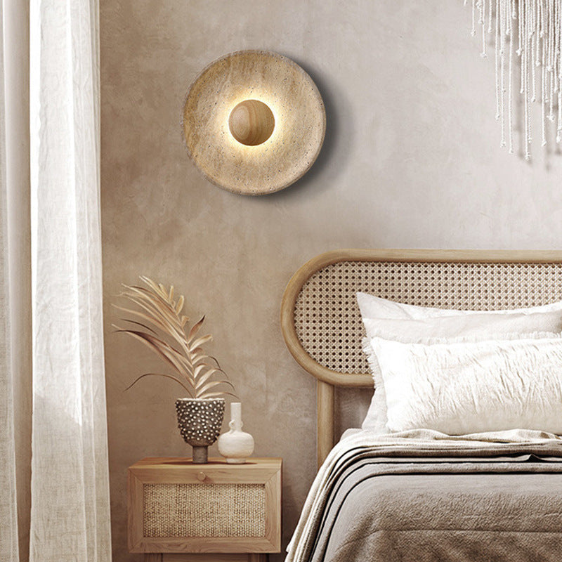 Modern Wabi Sabi Travertine Stone Round Wall Sconce LED 1-Light