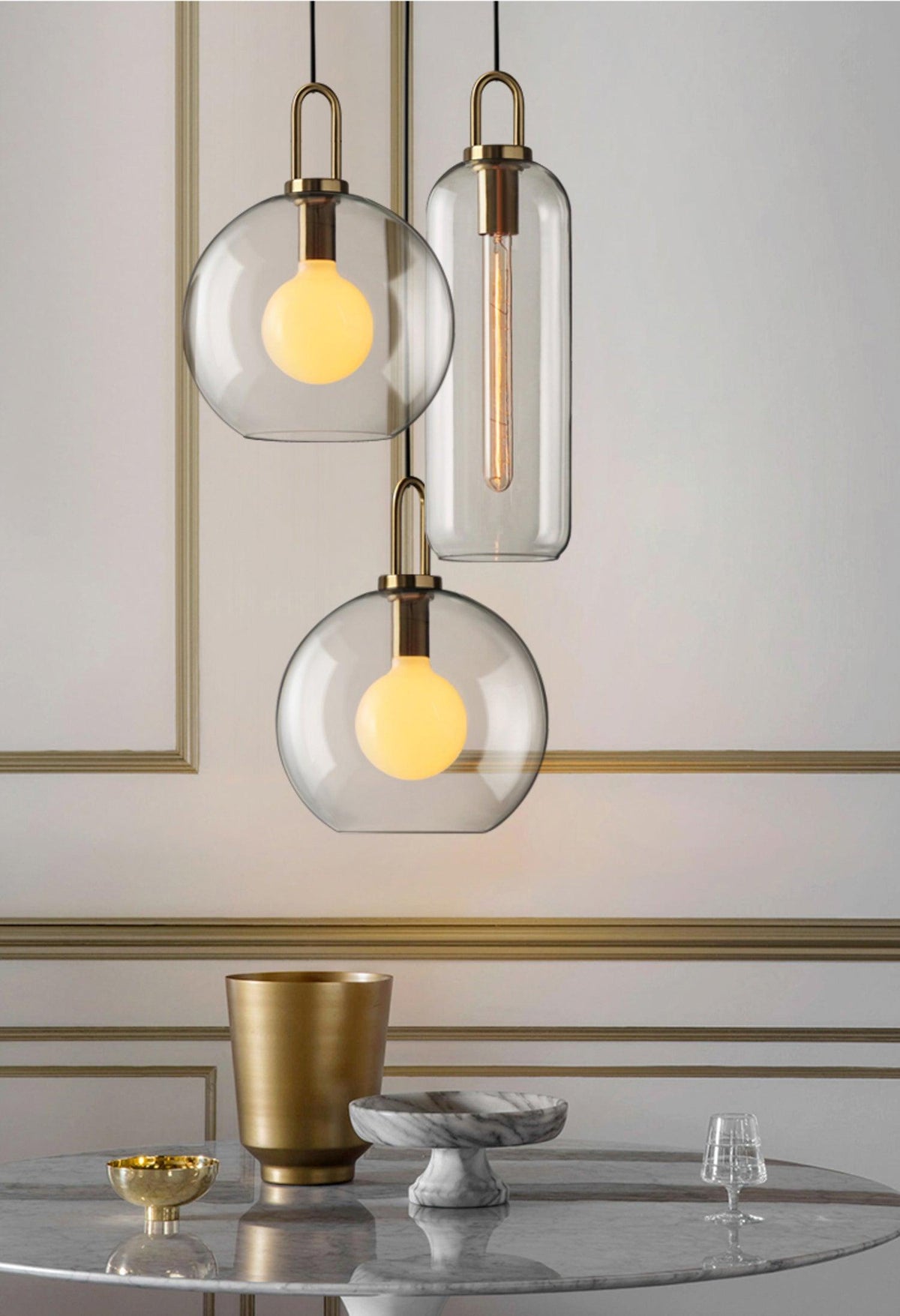 Lampadario moderno cilindrico in vetro e ottone a 1 luce