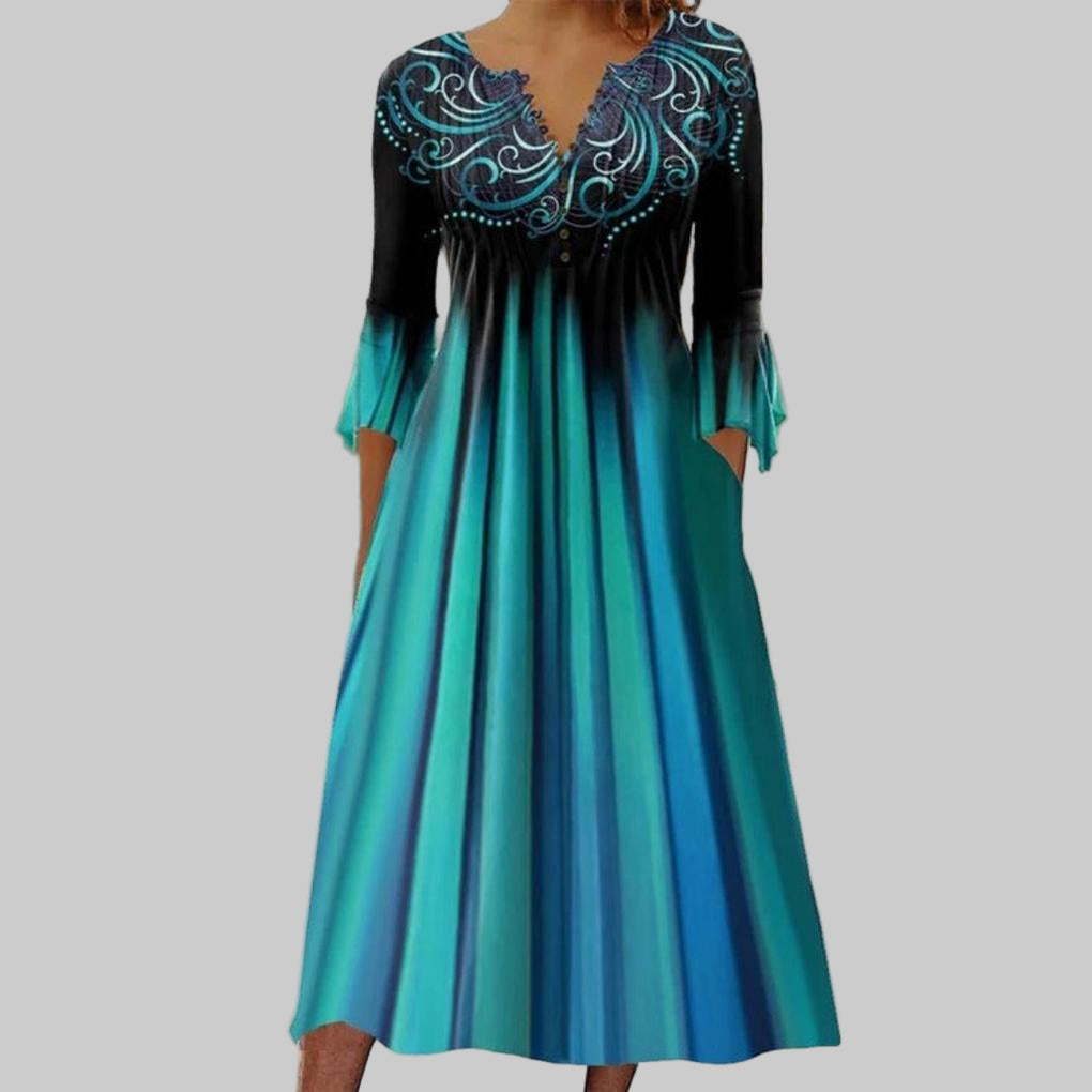 Green Ombre-Stripe V-Neck 3/4-Sleeve Dress – Casual Fade of Colour