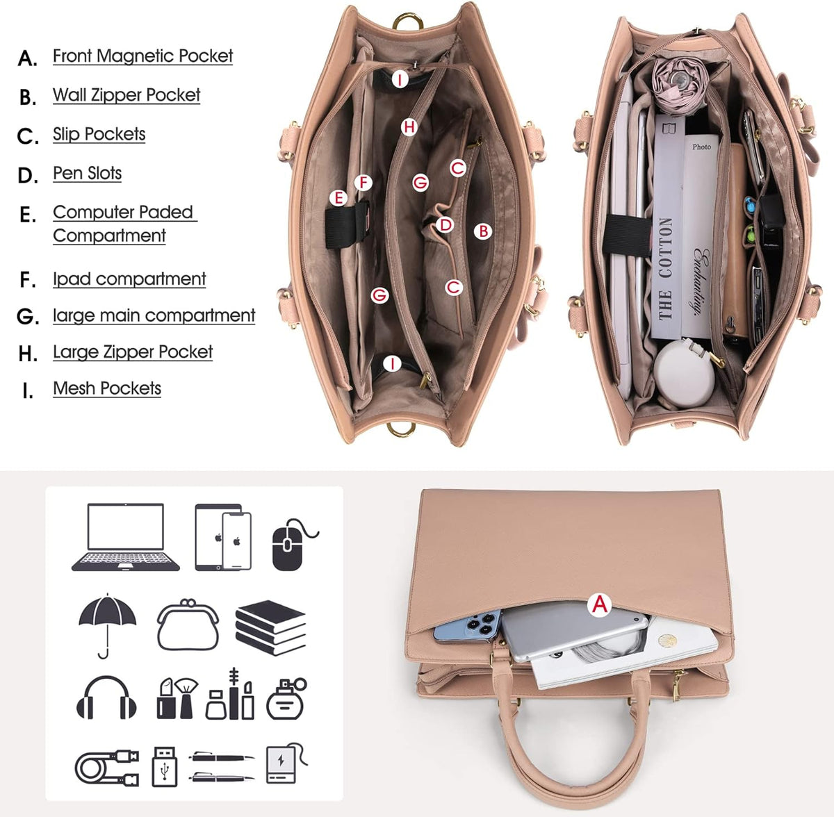 Damentasche für Arbeit und Laptop mit organisiertem Mehrfachfach-Layout