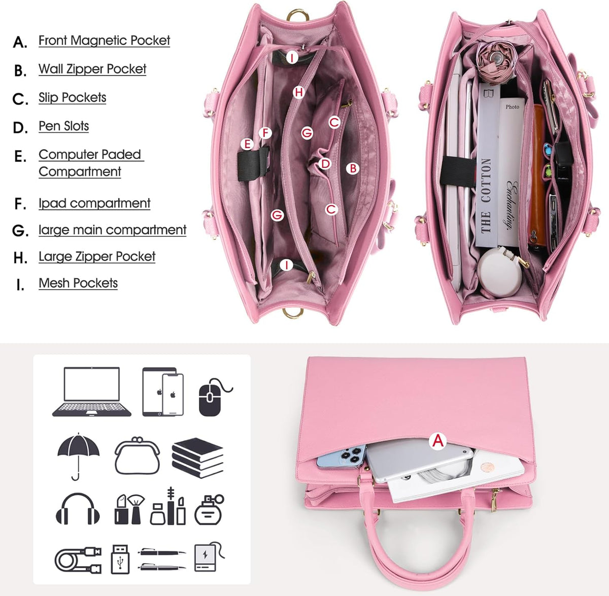 Damentasche für Arbeit und Laptop mit organisiertem Mehrfachfach-Layout