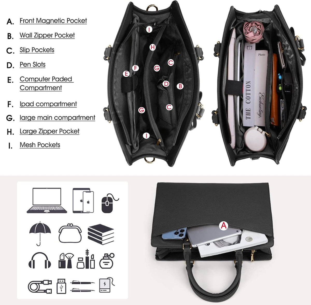 Damentasche für Arbeit und Laptop mit organisiertem Mehrfachfach-Layout
