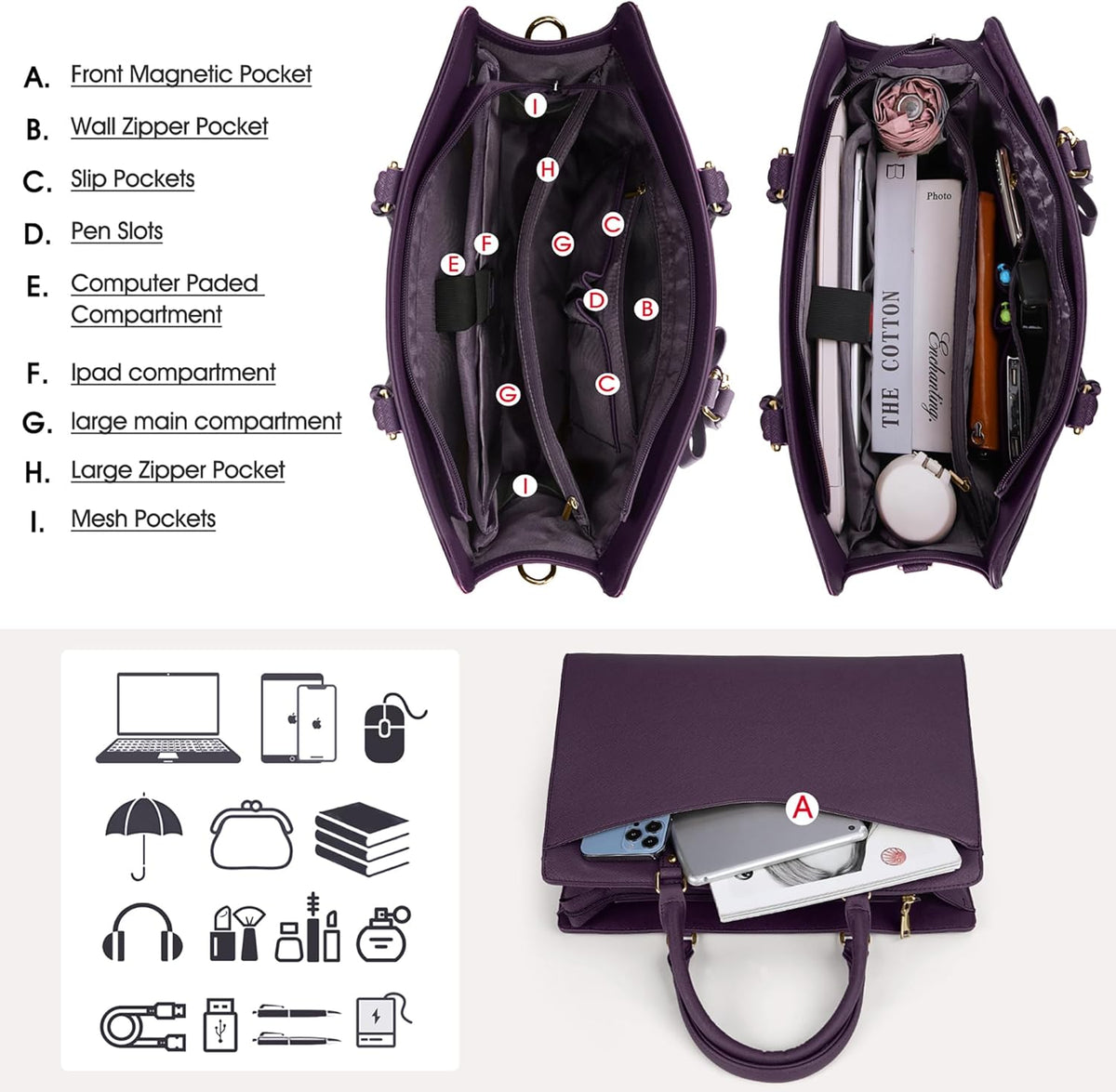Damentasche für Arbeit und Laptop mit organisiertem Mehrfachfach-Layout