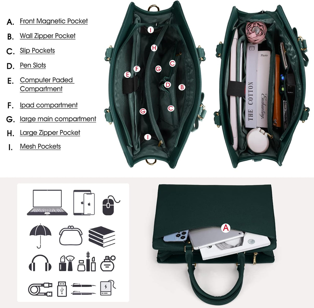 Damentasche für Arbeit und Laptop mit organisiertem Mehrfachfach-Layout