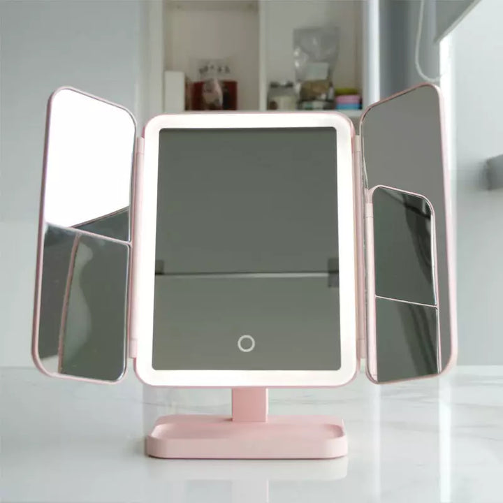 Espejo de tocador LED con triple iluminación ajustable y diseño compacto plegable