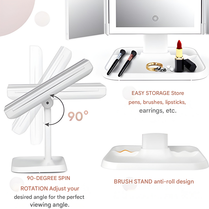 Espejo de tocador LED con triple iluminación ajustable y diseño compacto plegable