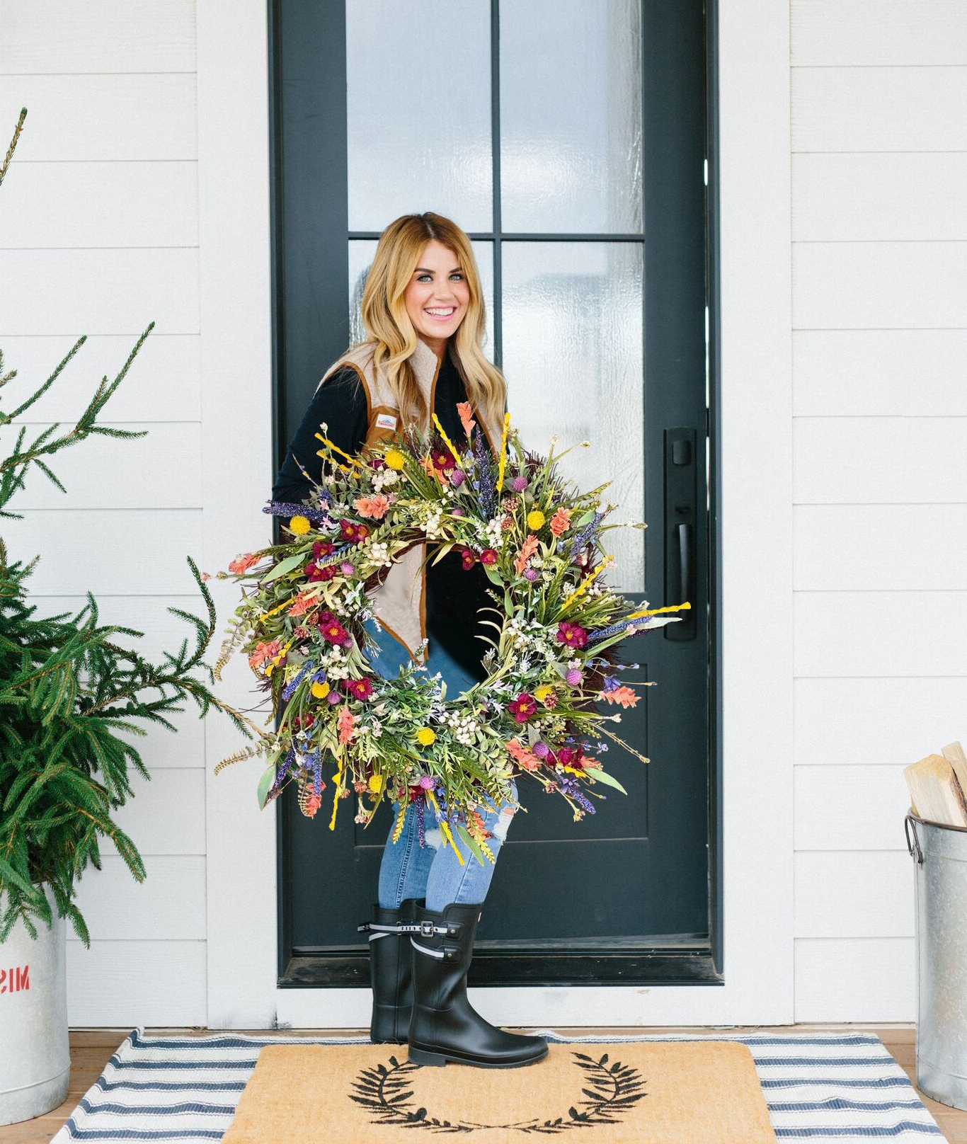 Spring Front Door Wreath with Flowers and Eucalyptus Decor 16in