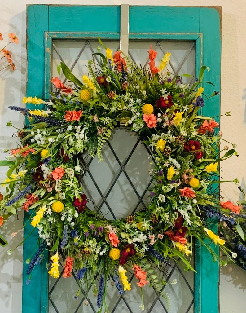 Spring Front Door Wreath with Flowers and Eucalyptus Decor 16in