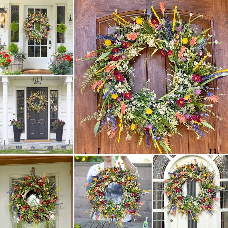 Spring Front Door Wreath with Flowers and Eucalyptus Decor 16in