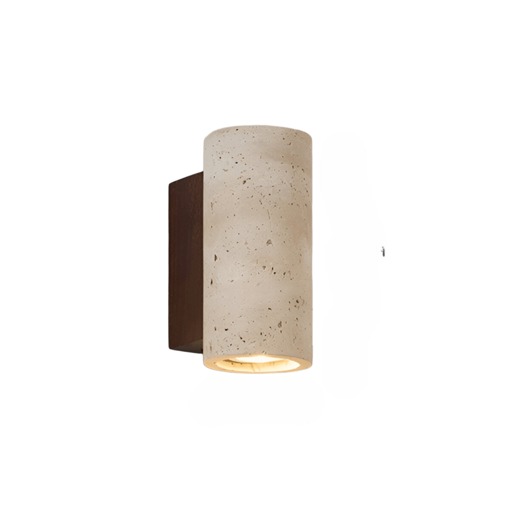 Aplique de pared LED cilíndrico de madera y travertino Japandi de 1 luz