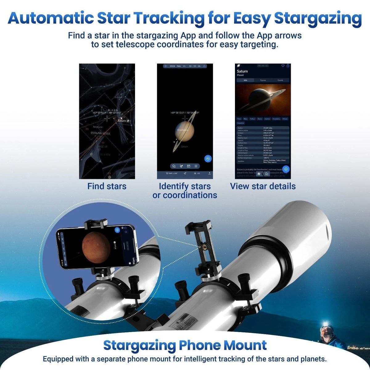 Telescopio con ingrandimento 210x per adulti e principianti – App per tracciamento stelle e design professionale